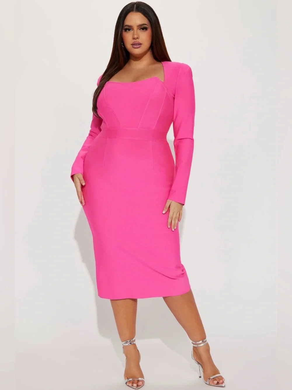 Fashion Nova Polly Bandage Midi Dress - Pink Long Sleeve Sheath Dress - Women 3X - Picture 1 of 6